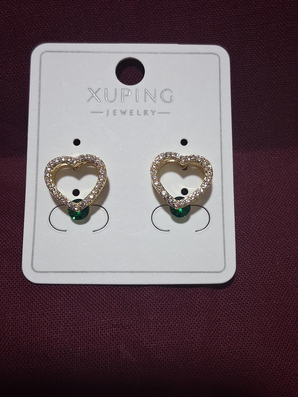 Ping Gold Heart Stud Earrings with Clear Crystals and Green Stone